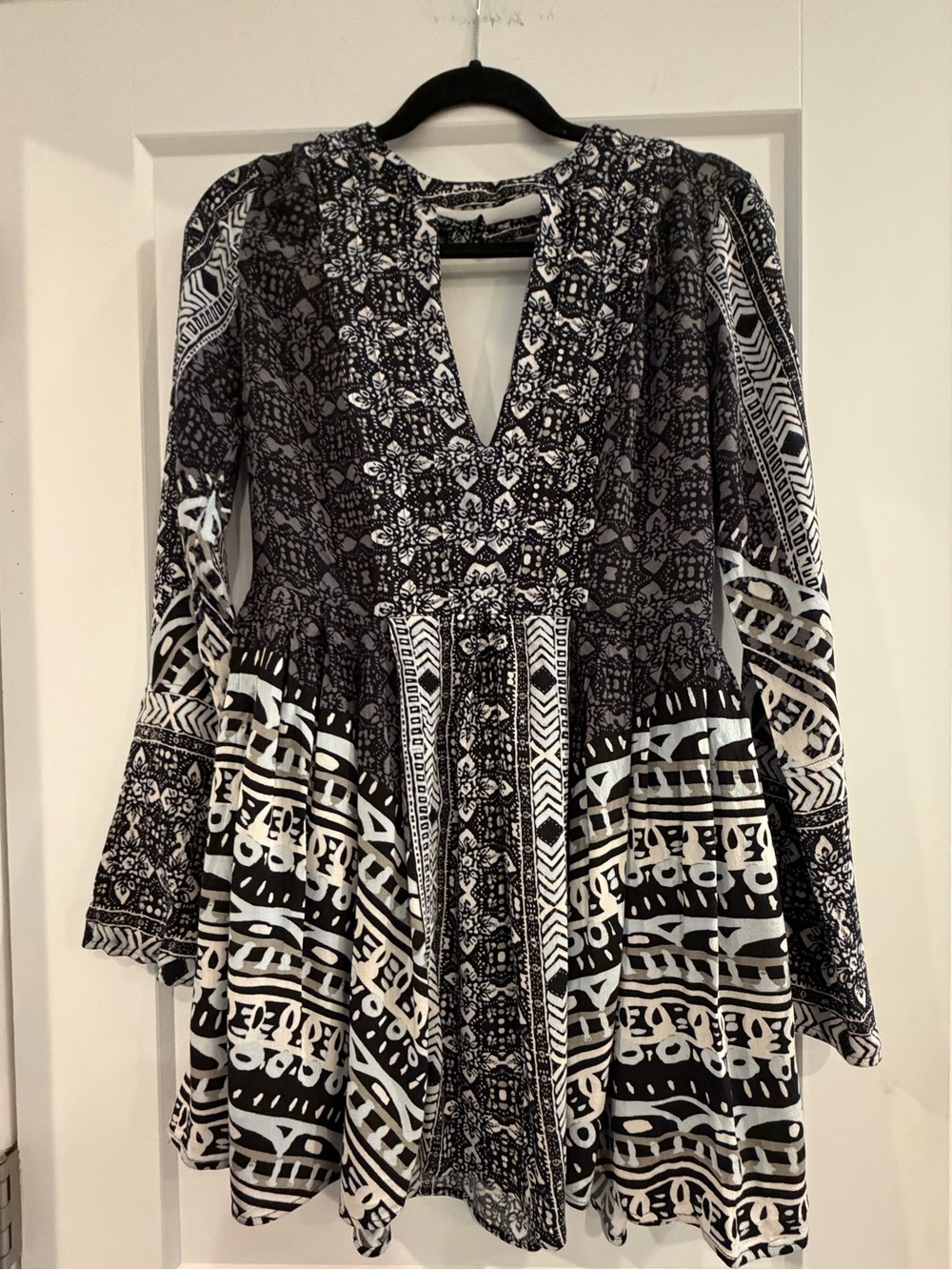 Free People Boho Black & White Printed Long-Sleeve Dress